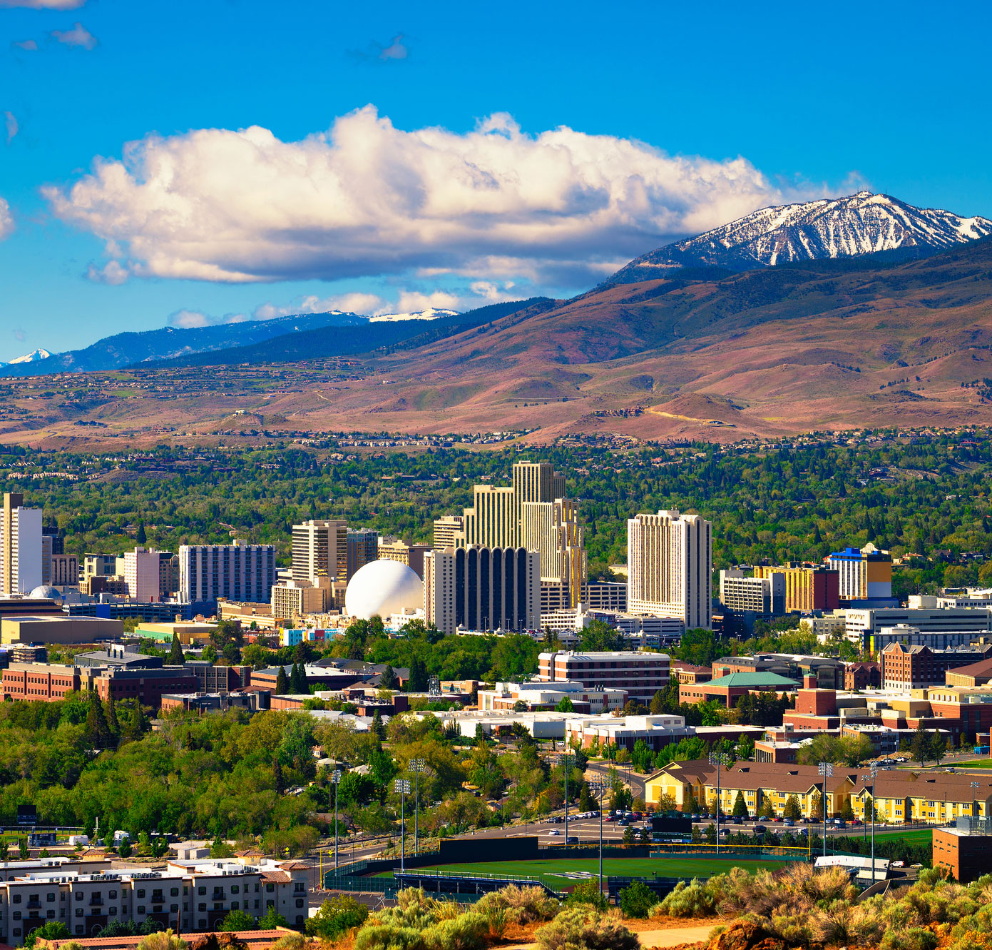 Reno skyline with snow-capped Sierra Nevada mountains